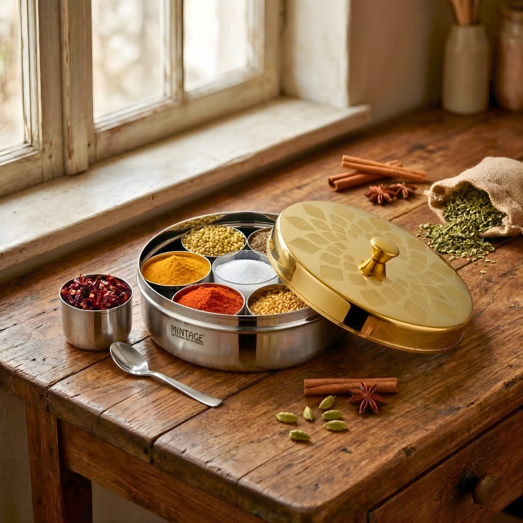 Masala Box Rolax With Spoon (with golden pvd coated laser lid)
