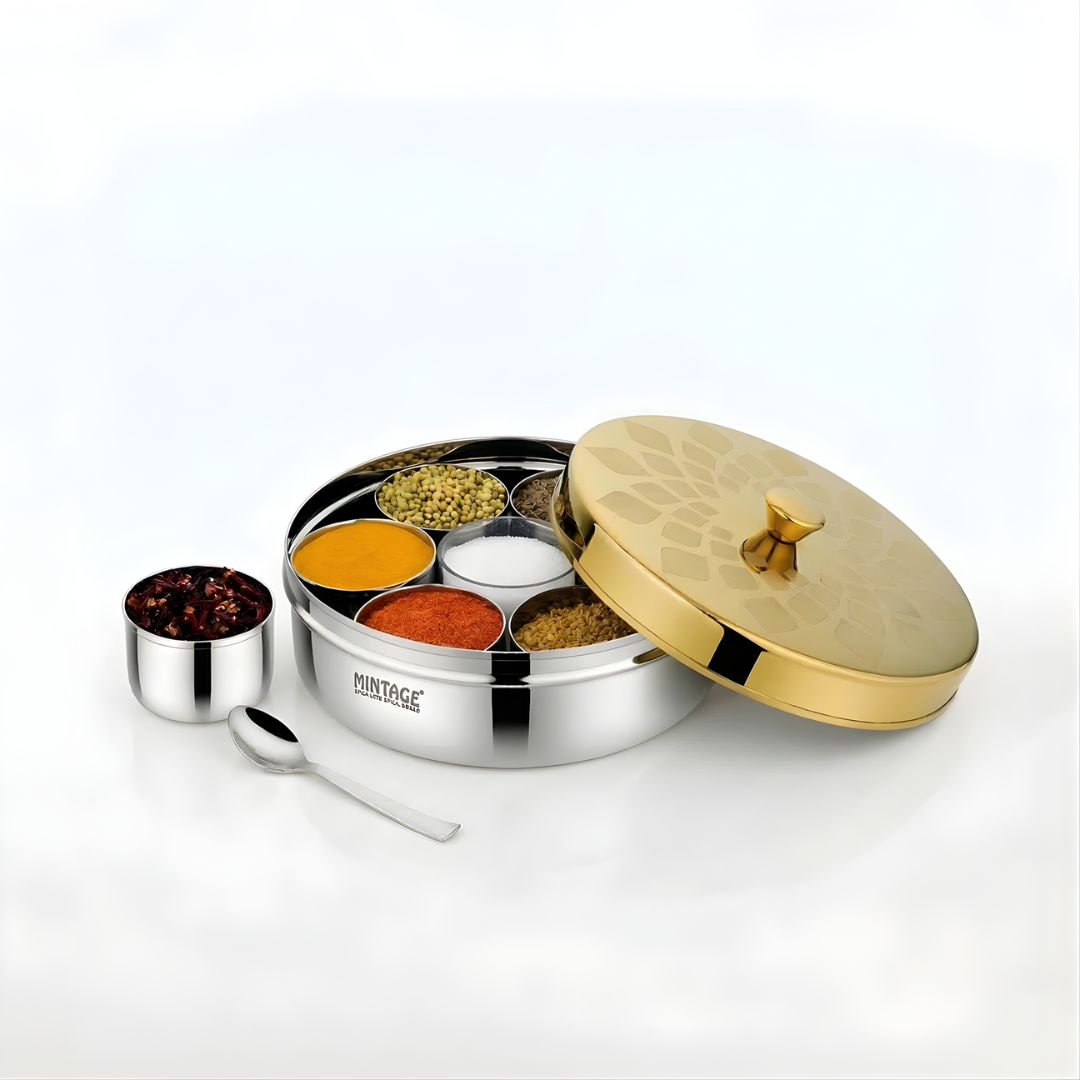 Masala Box Rolax With Spoon (with golden pvd coated laser lid)