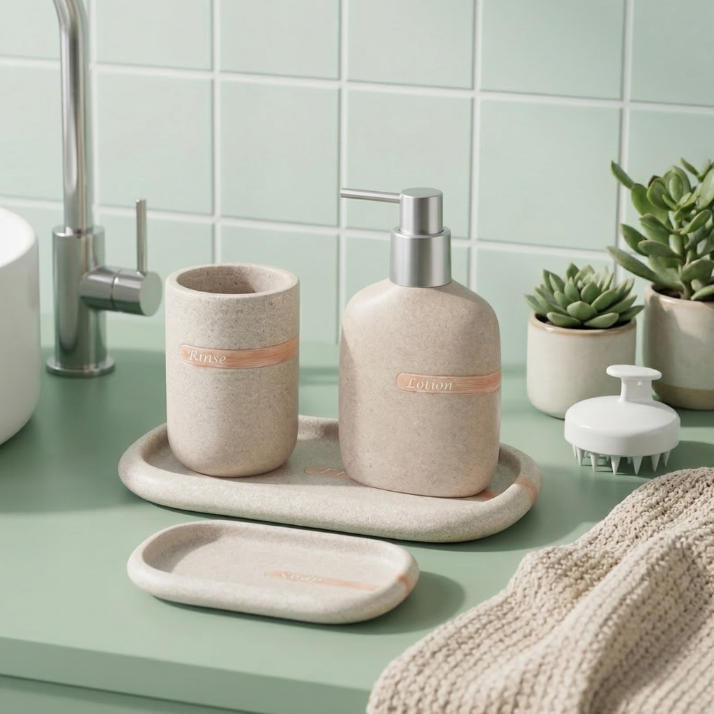 Bathroom Essentials Set Coral – 4 Pc Set