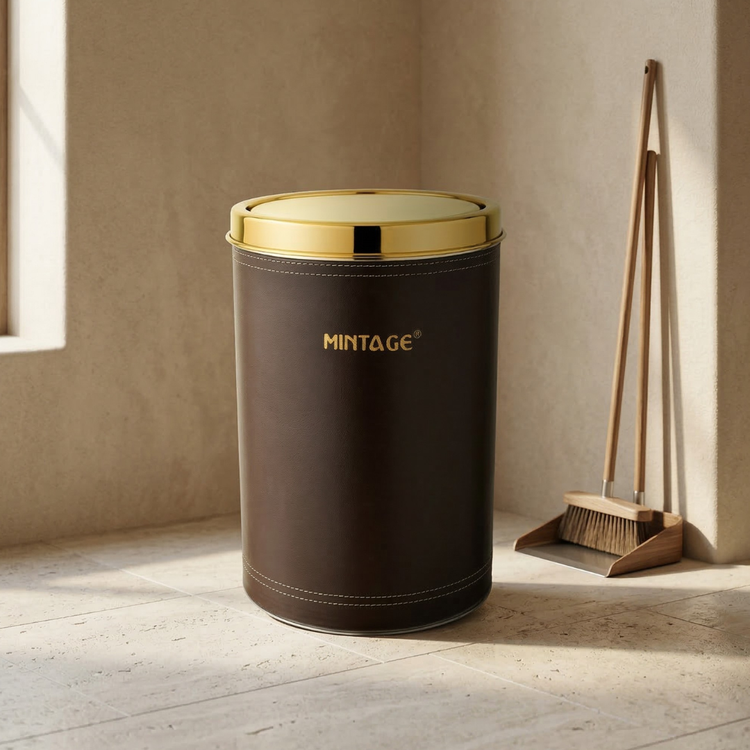Leather Swing Bin Pioneer with Golden PVD Coated Lid